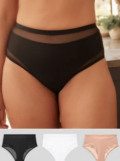 Noir/Blanc/Nu - Mesh Trim Taille haute High Leg Knickers 3 Lot