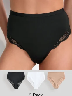 Noir/Blanc/Ppraline Nude - Lot de 3 culottes taille haute en microfibre et dentelle