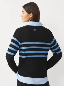Noir/Bleu à Rayure Fleurie - Pull col rond riche en coton au toucher doux