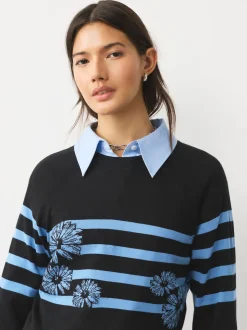 Noir/Bleu à Rayure Fleurie - Pull col rond riche en coton au toucher doux