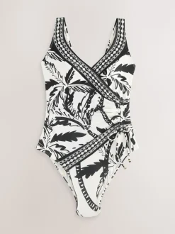 Noir/Crème Palmier - Maillot de bain gainant le ventre froncé
