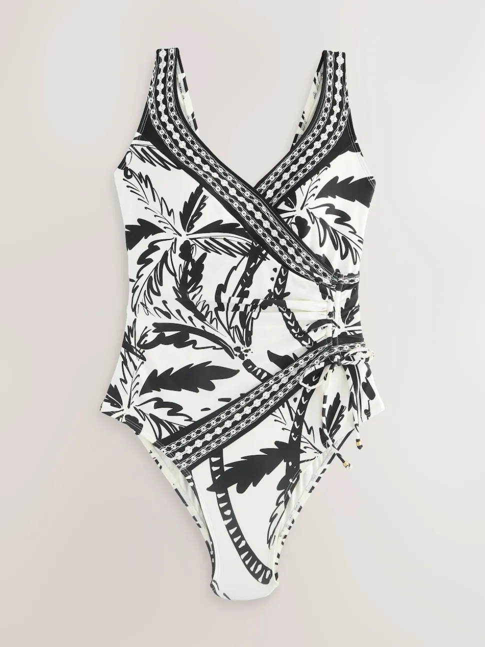 Noir/Crème Palmier - Maillot de bain gainant le ventre froncé