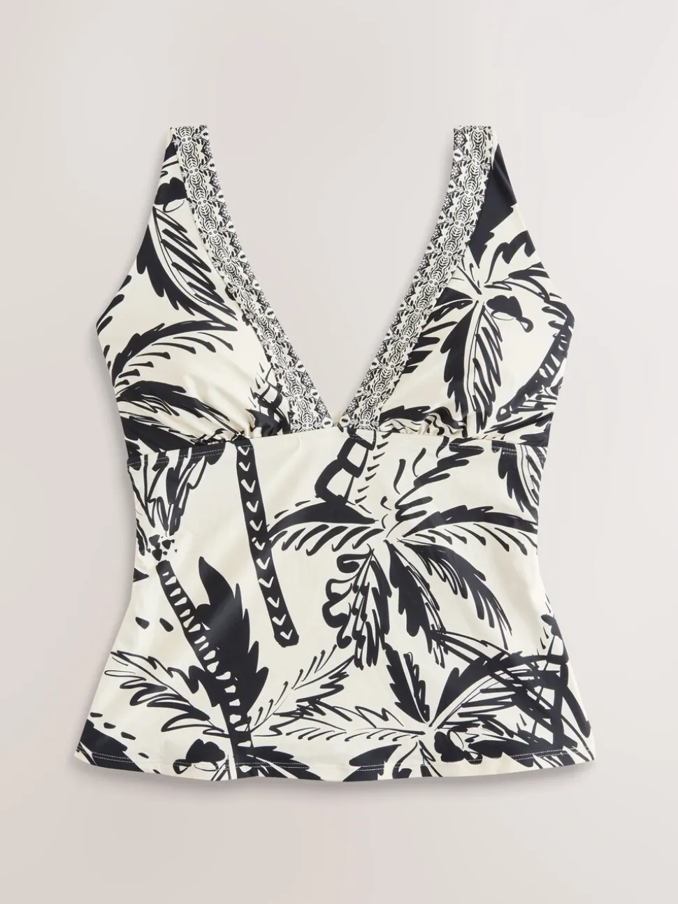 Noir/Crème Palmier - Top de Tankini Plongeant avec Contrôle du Tummy