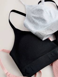 Noir/gris/rose - Lot de 3 bralettes en coton côtelé à logo