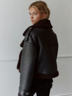 Noir/Marron Chocolat - Veste aviateur raccourcie en faux shearling
