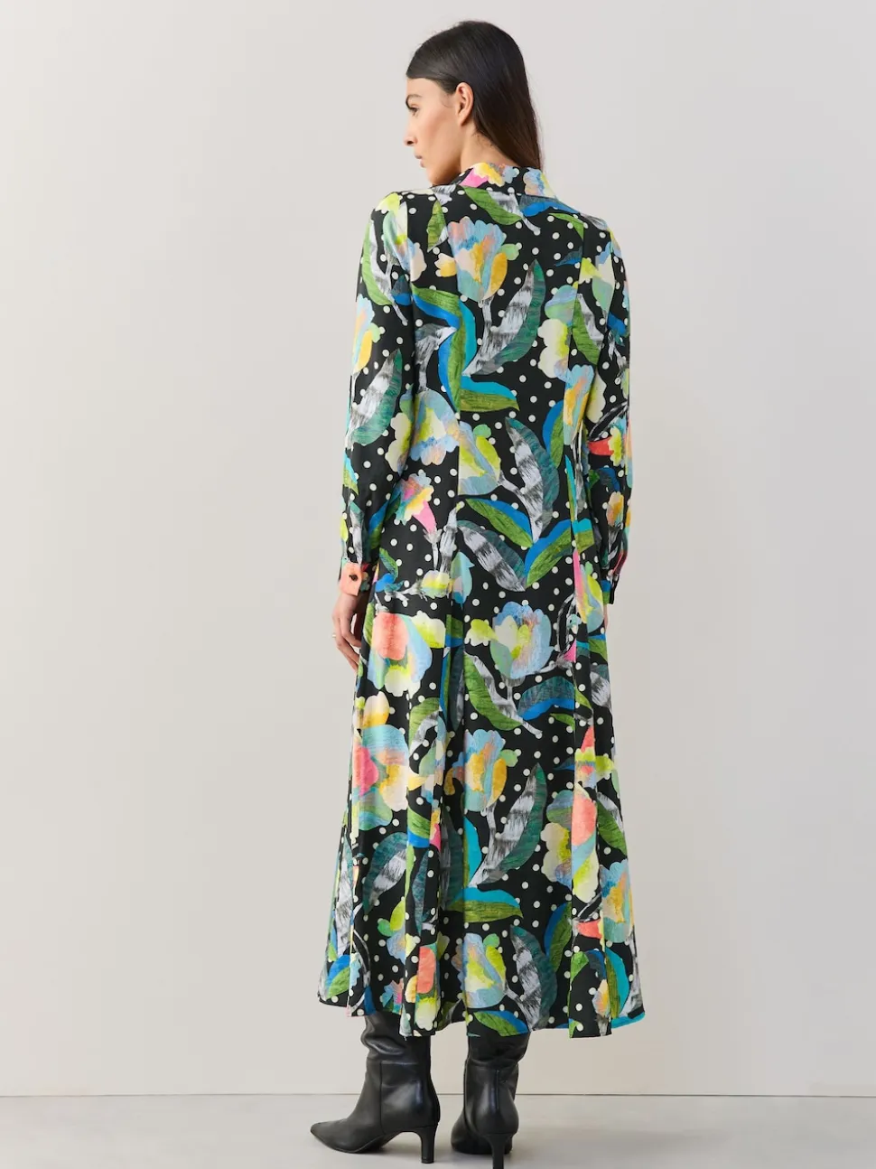 Noir/Multicolore Fleuri - Robe chemise mi-longue à manches longues