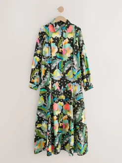 Noir/Multicolore Fleuri - Robe chemise mi-longue à manches longues