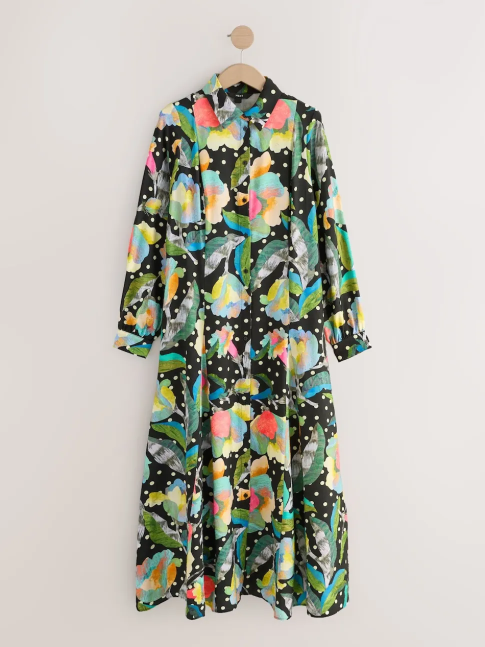 Noir/Multicolore Fleuri - Robe chemise mi-longue à manches longues