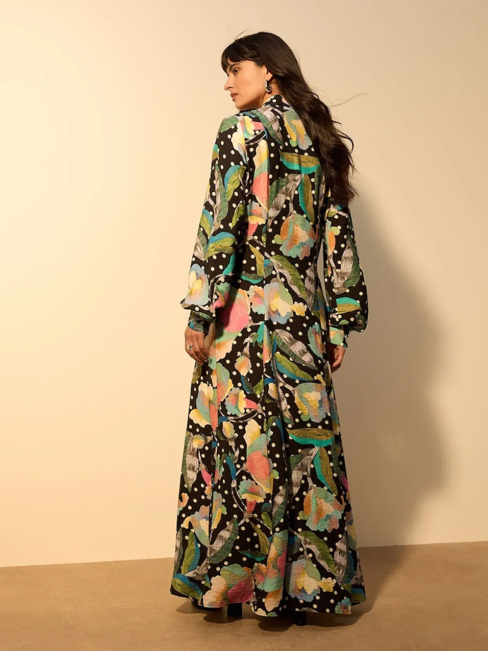 Noir/Multicolore Fleuri - Robe chemise imprimée à manches longues