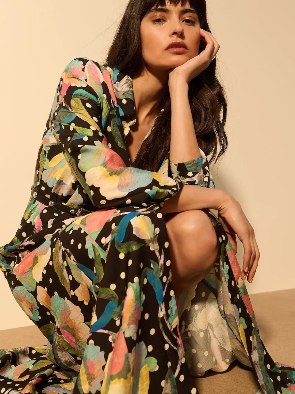 Noir/Multicolore Fleuri - Robe chemise imprimée à manches longues