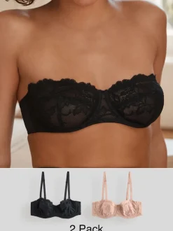 Noir/Praline Nude - Lot de 2 soutiens-gorge multipositions sans bretelles en dentelle non rembourrée