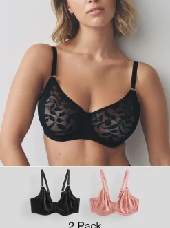 Noir/Rose - Lot de 2 soutiens-gorge DD-G en dentelle non rembourrés à bonnets complets