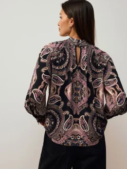 Noir/Rose Motif Paisley - Chemisier manches longues en jersey à col torsadé