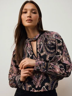 Noir/Rose Motif Paisley - Chemisier manches longues en jersey à col torsadé