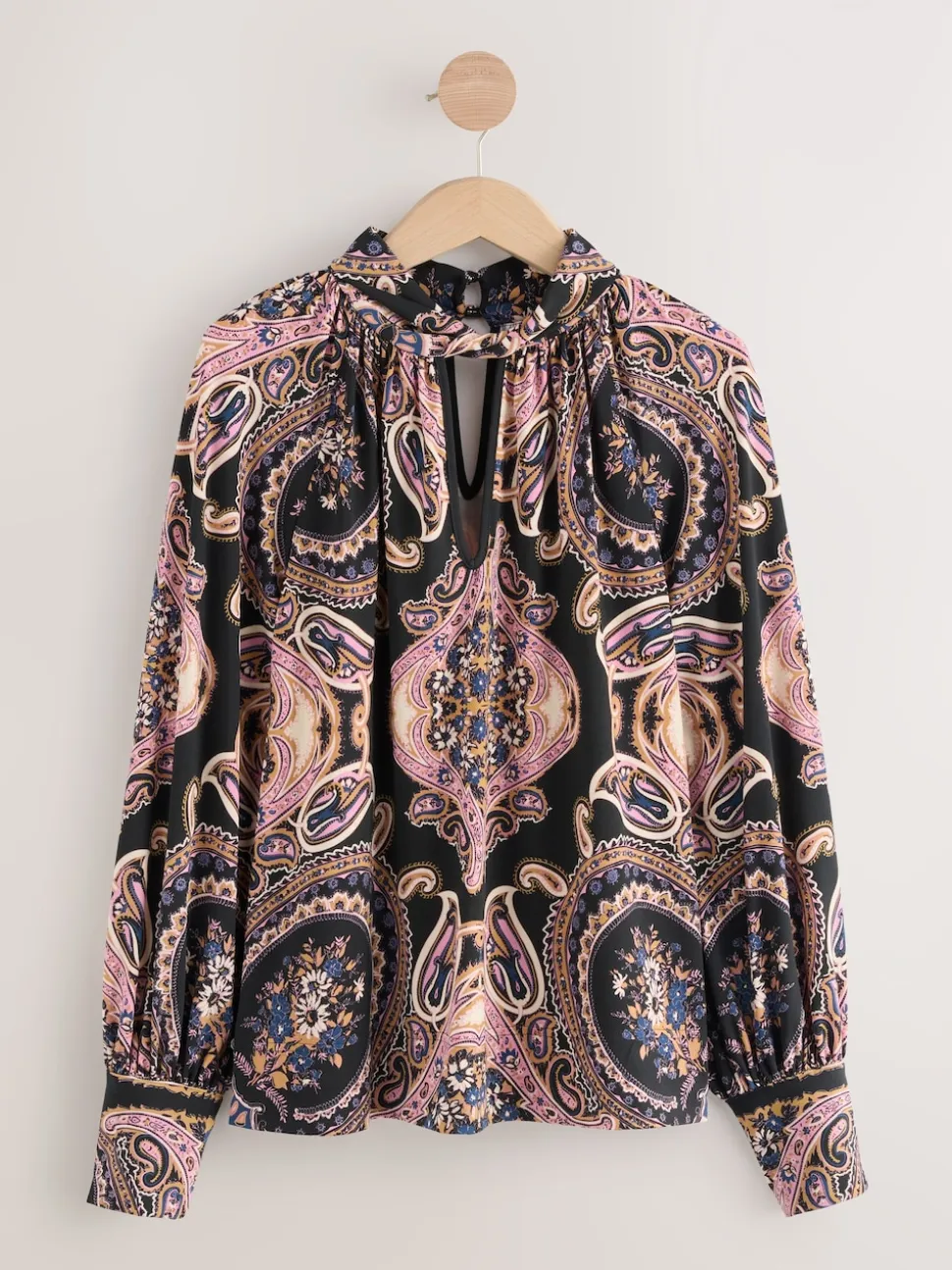 Noir/Rose Motif Paisley - Chemisier manches longues en jersey à col torsadé