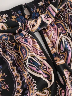 Noir/Rose Motif Paisley - Chemisier manches longues en jersey à col torsadé