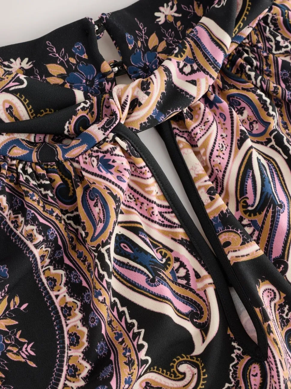 Noir/Rose Motif Paisley - Chemisier manches longues en jersey à col torsadé