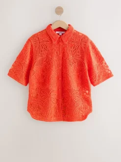 Orange - Chemise à manches courtes au crochet