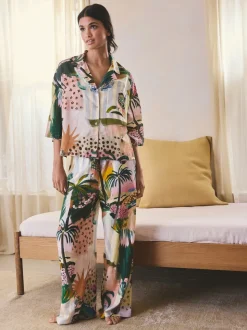 Palmiers oranges - Pyjamas boutonnés en Blend viscose/Lin