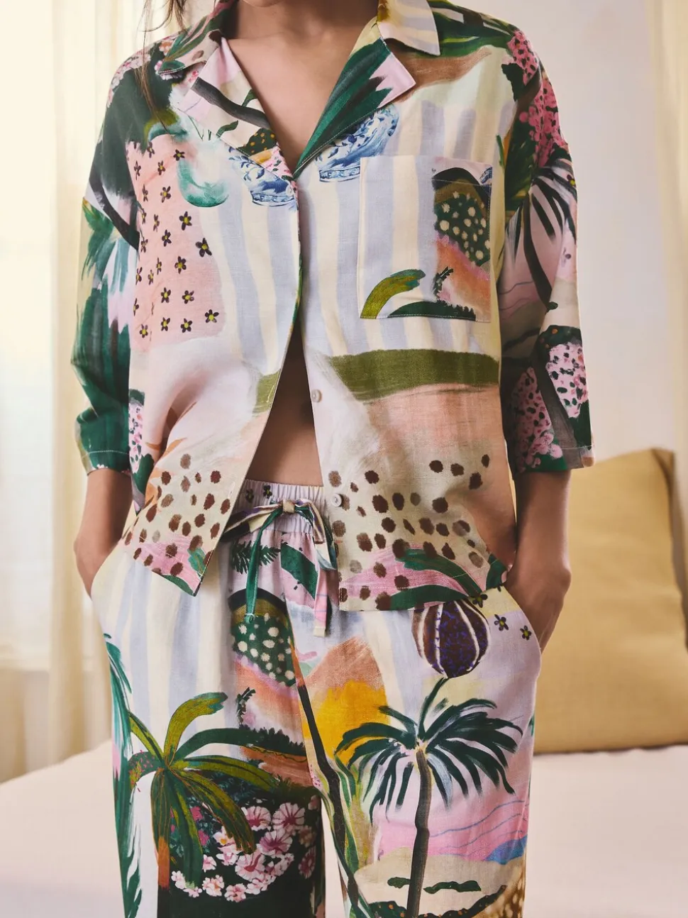 Palmiers oranges - Pyjamas boutonnés en Blend viscose/Lin