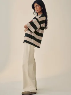 Pierre Neutre Rayure - T-shirt oversize décontracté boxy épais à col ras du cou