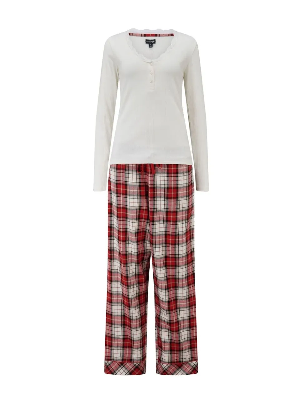 Pour Moi Ensemble pyjama Henley côtelé bordé de dentelle et pantalon à carreaux