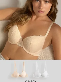 Praliné Nude & Blanc - Lot de 2 soutiens-gorge push-up pigeonnants en dentelle