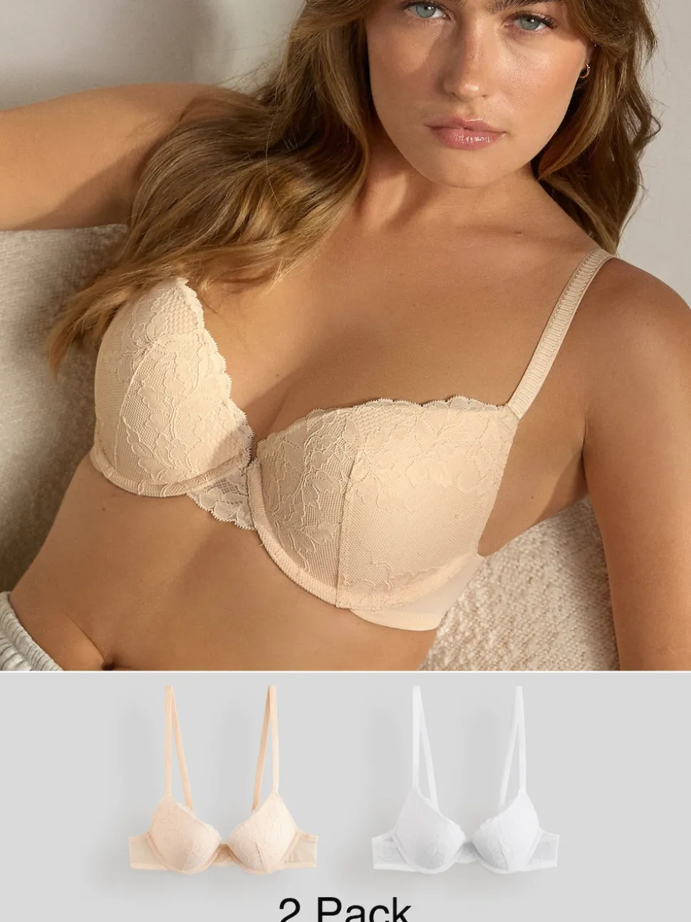 Praliné Nude & Blanc - Lot de 2 soutiens-gorge push-up pigeonnants en dentelle
