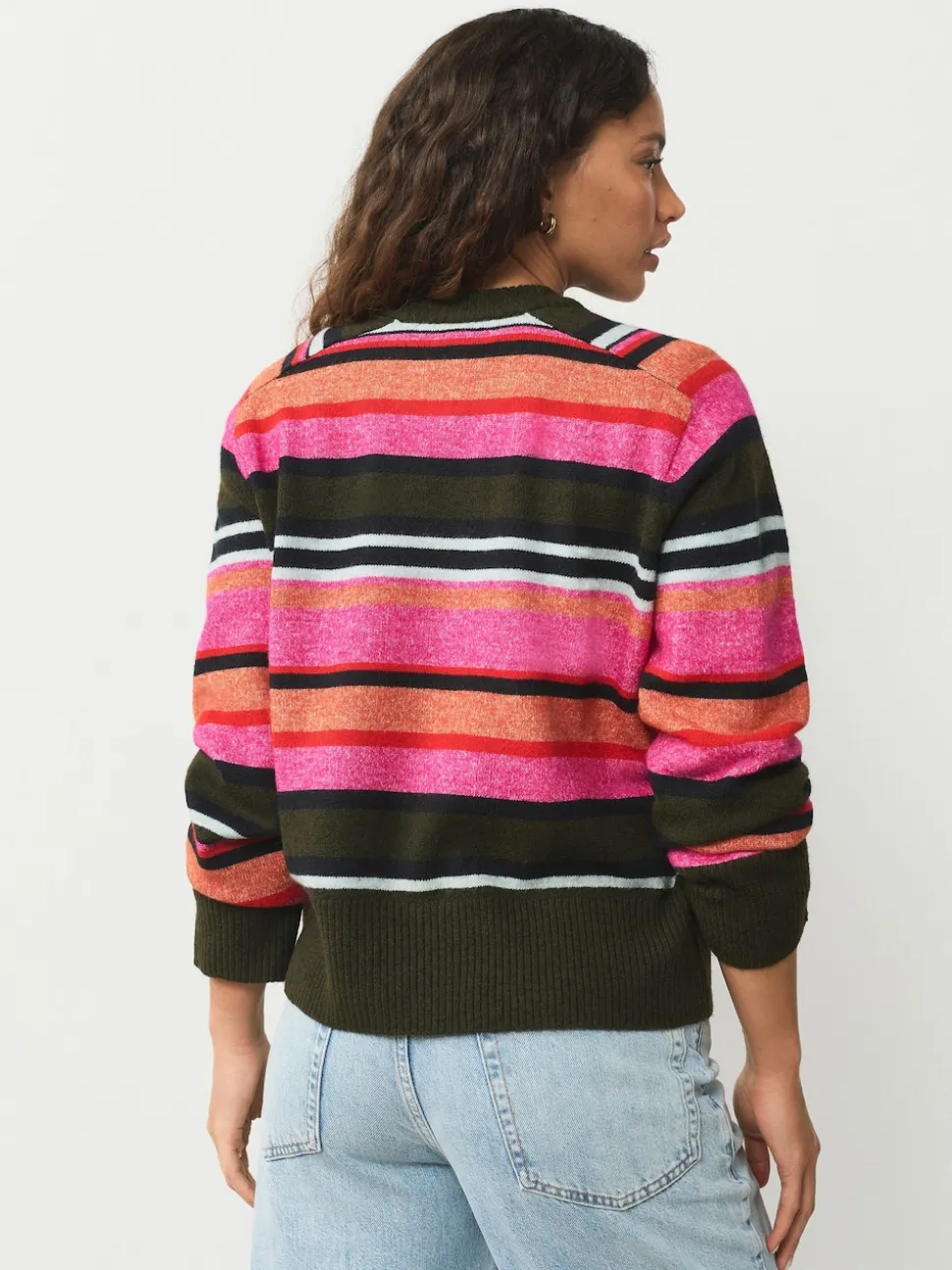 Rayé Rose/kaki brillante - Pull en maille à col rond en laine