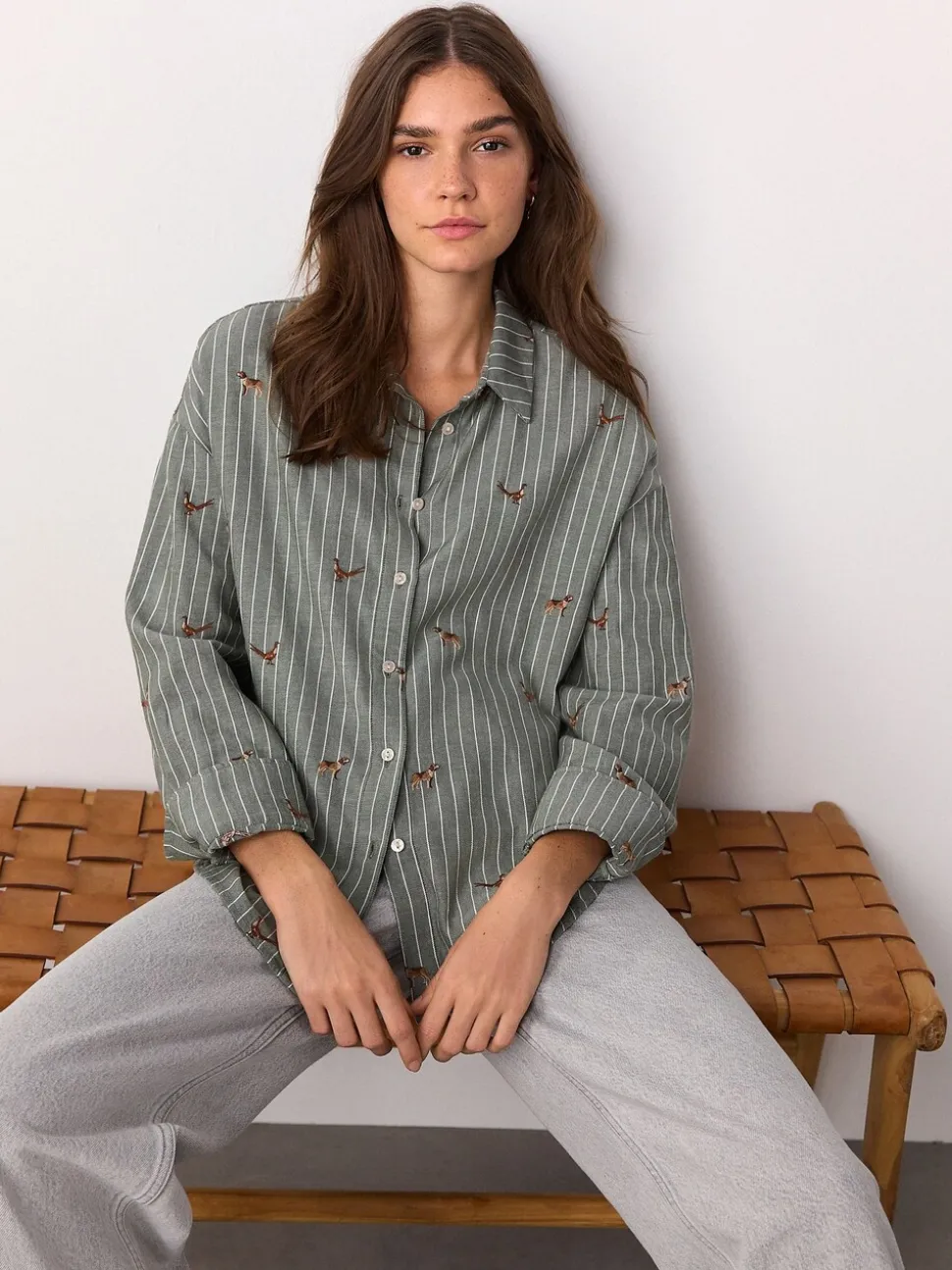 Rayé vert/blanc - Chemise brodée à manches longues