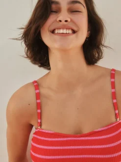Rayure rose/rouge Effet froissé - Tankini bandeau à enfiler