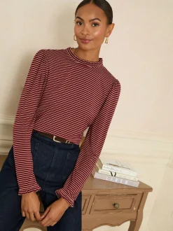 Rayure rouge bordeaux et beige - Love & Roses haut en jersey à manches longues et col volanté