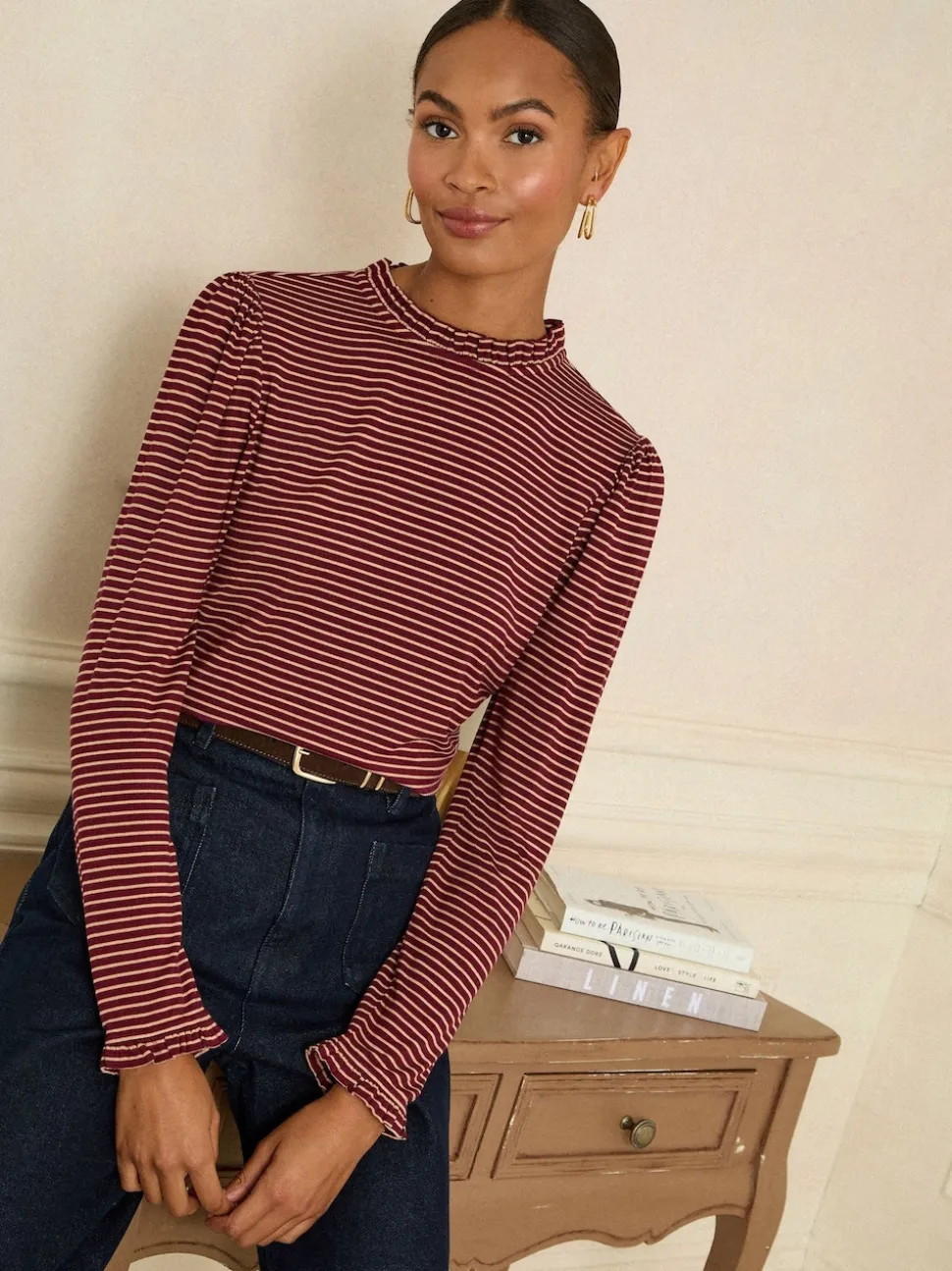 Rayure rouge bordeaux et beige - Love & Roses haut en jersey à manches longues et col volanté