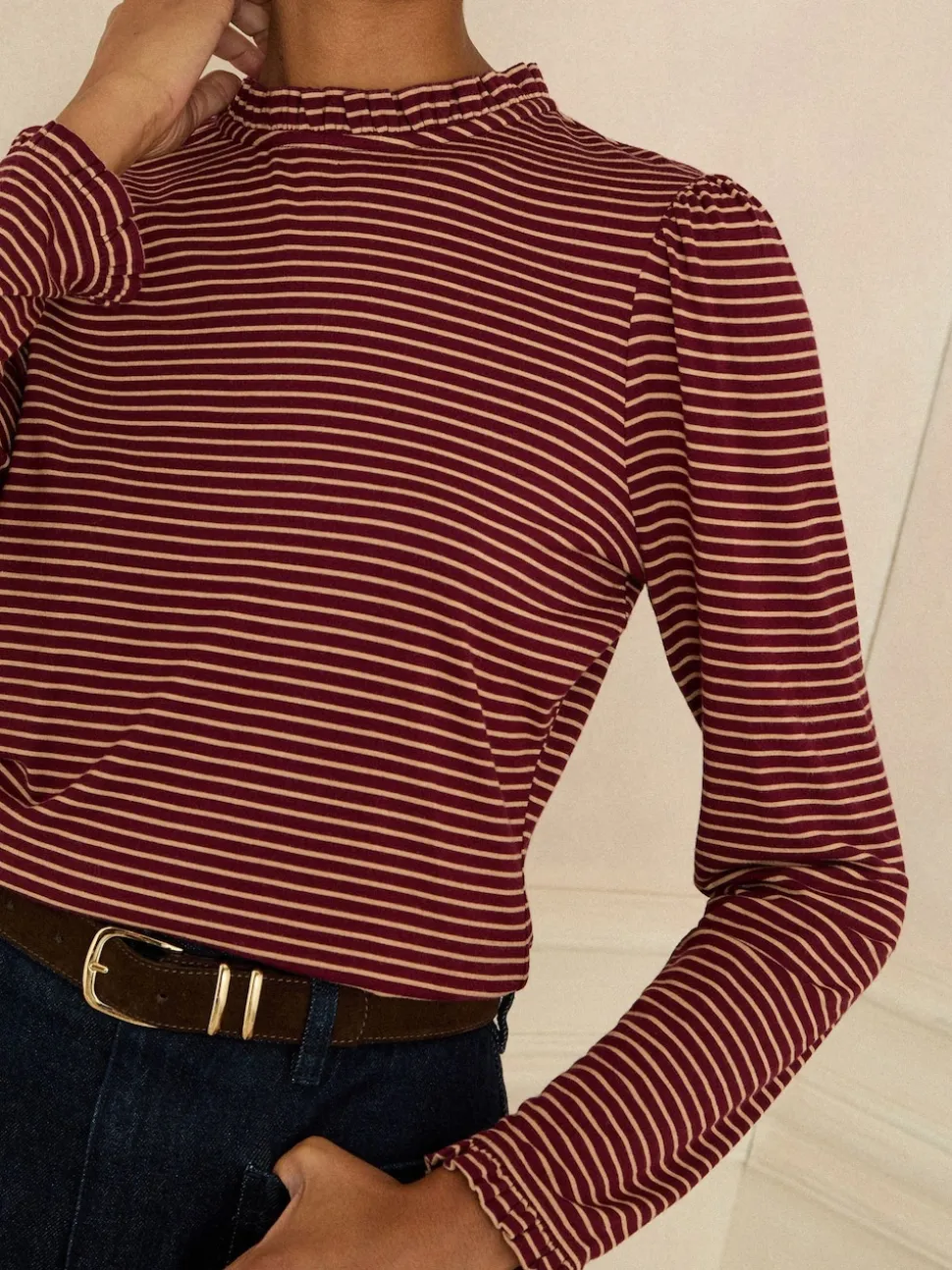 Rayure rouge bordeaux et beige - Love & Roses haut en jersey à manches longues et col volanté