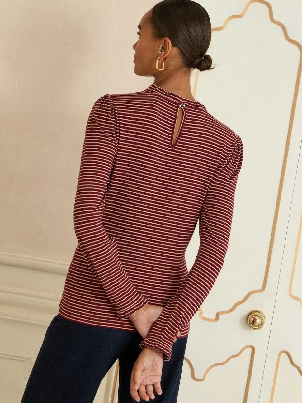 Rayure rouge bordeaux et beige - Love & Roses haut en jersey à manches longues et col volanté