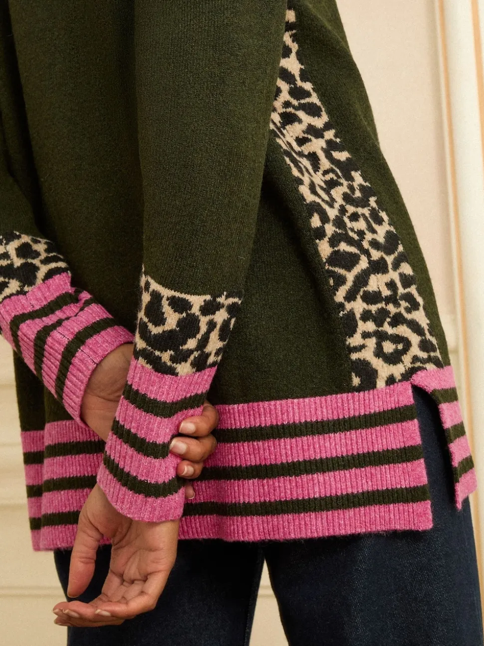 Rayures latérales vert Animal kaki - Love & Roses Col rond Cosy Pull