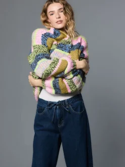 Rayures multicolores bleu/vert - Cardigan en grosse maille doux