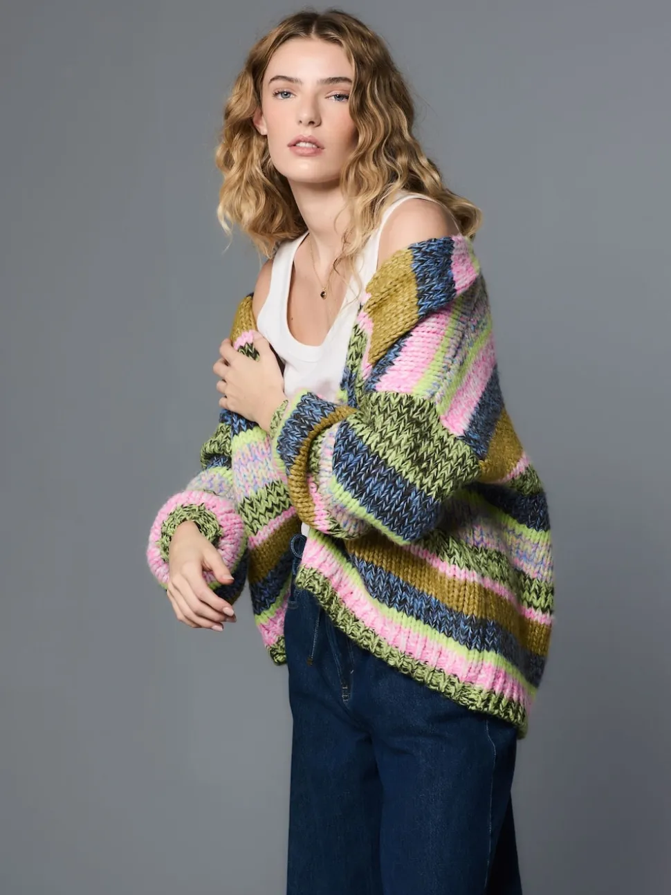 Rayures multicolores bleu/vert - Cardigan en grosse maille doux