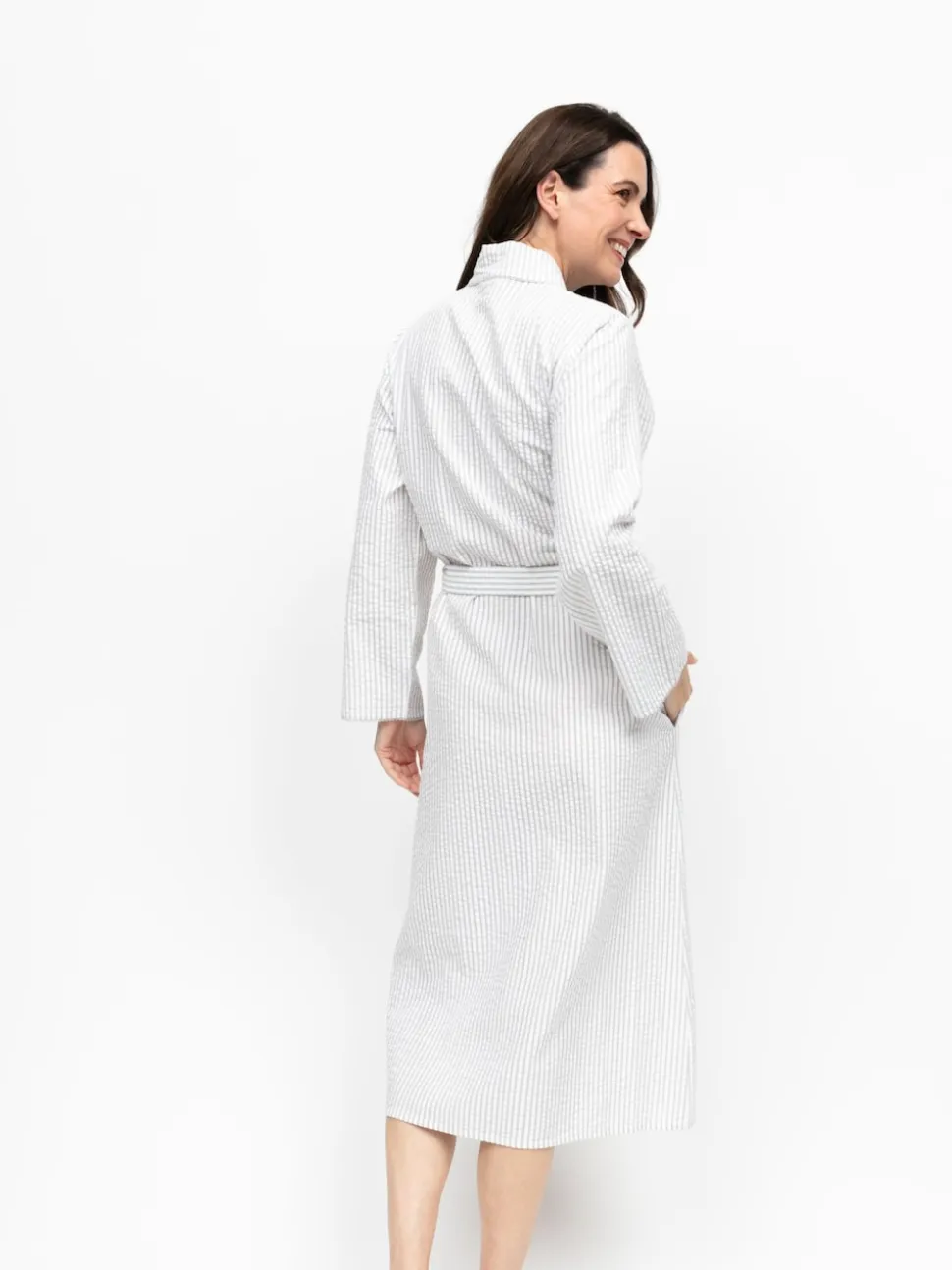 Robe de chambre Nora Rose en seersucker Rayé Dentelle longue Manche longue