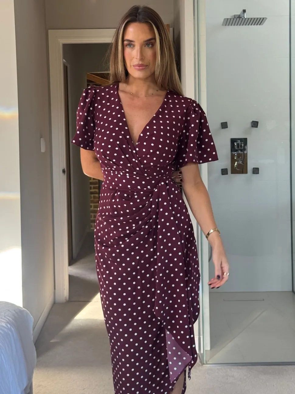 Robe mi-longue Girl In Mind Drew à pois et manches bouffantes
