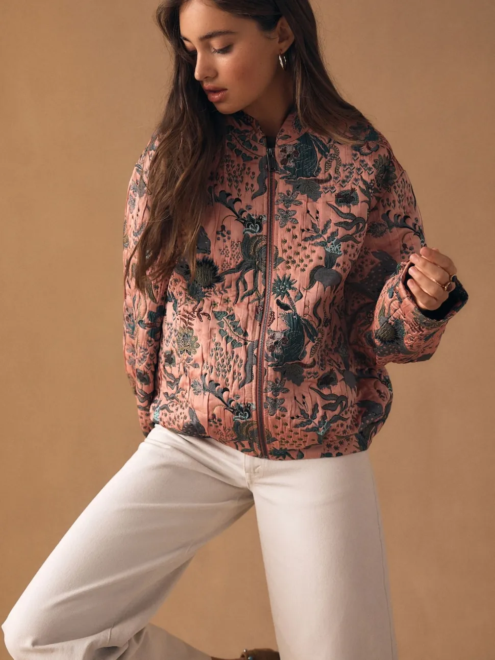 Rose - Blouson bomber en jacquard fleuri