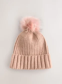 Rose - Bonnet à pompon en maille côtelée