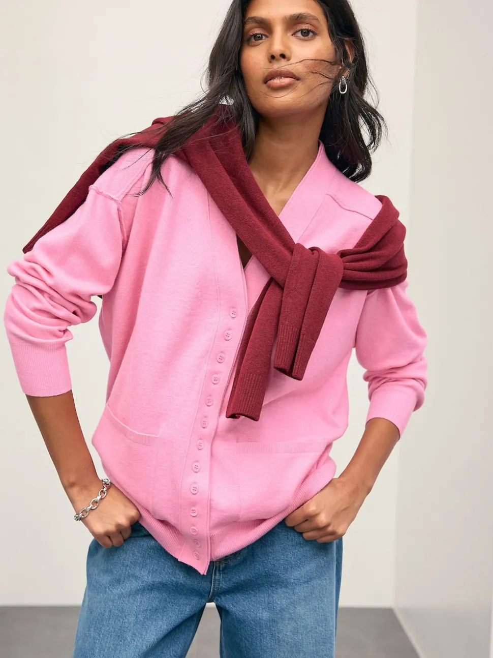 Rose - Cardigan ultra-doux à col en V avec poches