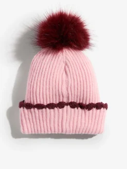 Rose - Ensemble bonnet et Gants Love & Roses à pompon côtelé bordé de pétoncles