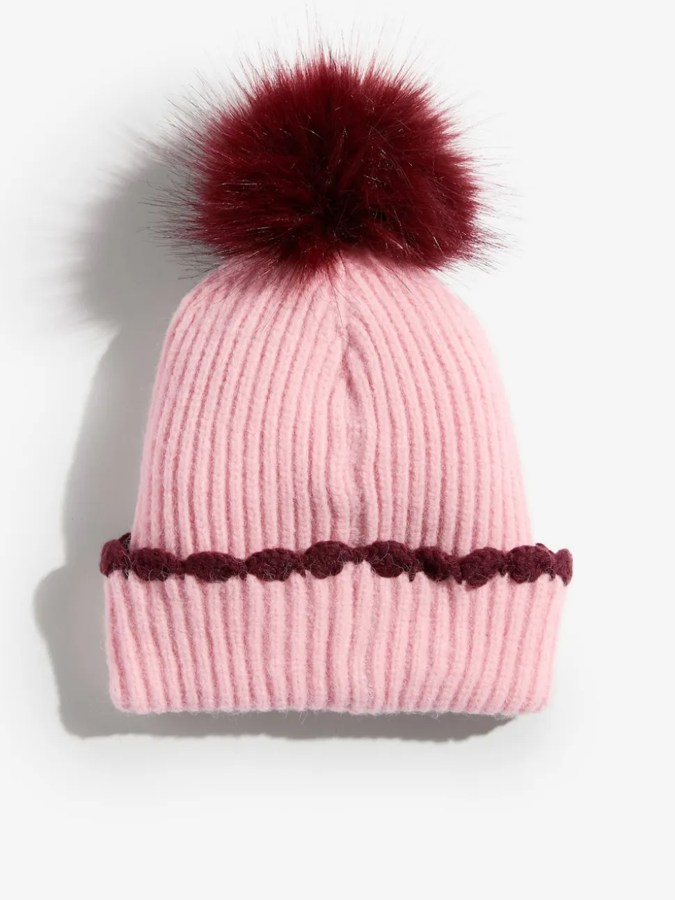 Rose - Ensemble bonnet et Gants Love & Roses à pompon côtelé bordé de pétoncles