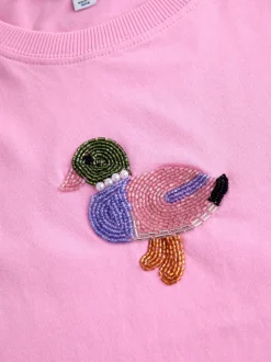 Rose - Haut avec ornements à col rond à manches courtes canards