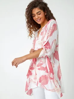 Rose - Haut Roman Floral Imprimé plissé sur le devant