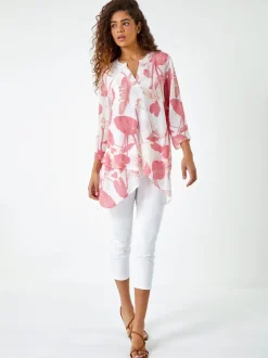 Rose - Haut Roman Floral Imprimé plissé sur le devant