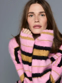 Rose à rayures multicolores - Pull à capuche en maille brossée