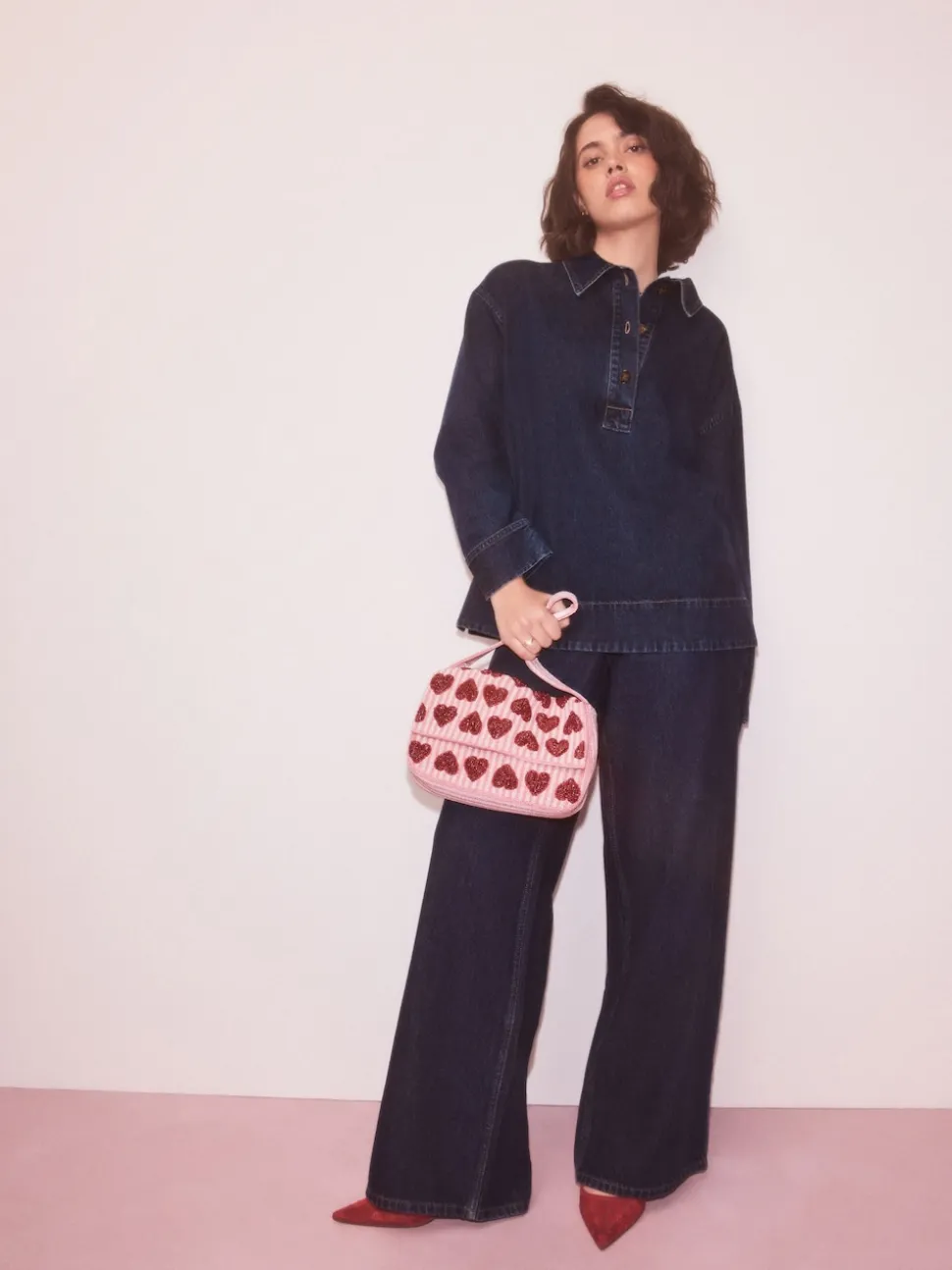 Rose - Sac bandoulière perlé Cœur